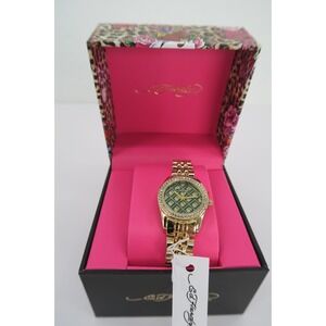 Ed Hardy Womens Gold Tone Crystal Bezel Green Monogram Dial Watch New in Box